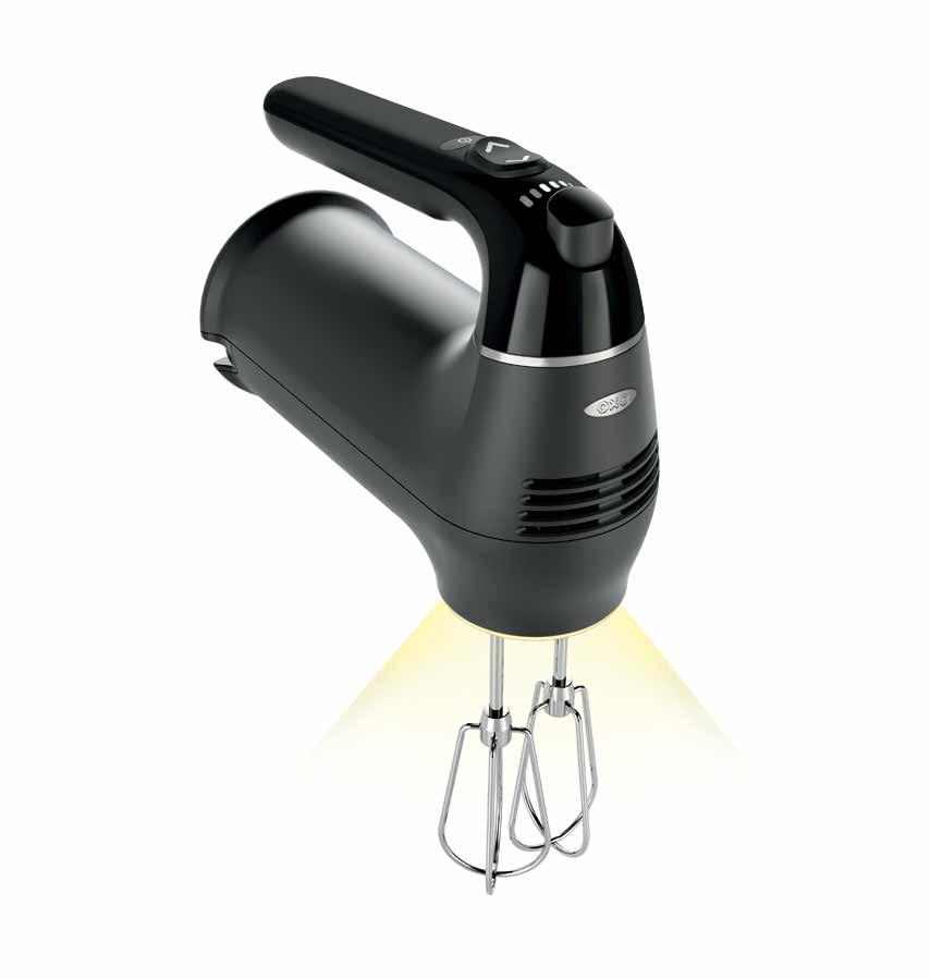 Bright 20 ON ILLUMINATING DIGITAL HAND MIXER SOFT-GLOW LED HEADLIGHT Headlight illuminates bowl as you mix, allowing you to monitor batter consistency POWERFUL DC MOTOR Mixer features a slow,
