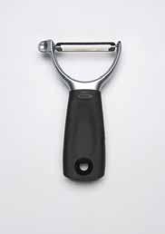SteeL Swivel Peeler Sharp, hardened stainless steel blade easily peels apples, potatoes and more Sleek, brushed stainless steel handle with soft, comfortable, non-slip grips on sides Built-in potato