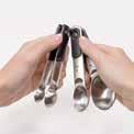 Spoons Set includes: 1 8 tsp, ¼ tsp, ½ tsp, 1 tsp and 1 Tbsp Narrow heads efficiently scoop spices from small jars