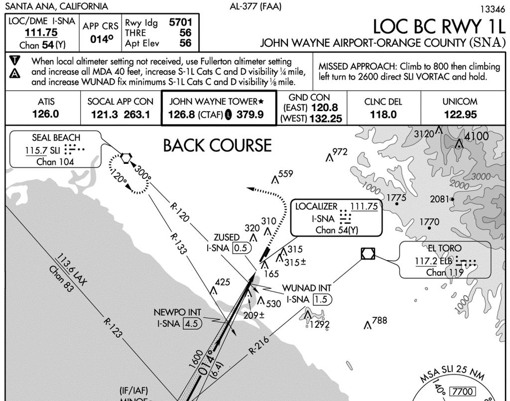 50. You are cleared for the Santa Anna, CA (SNA) LOC BC 1L approach and you are using an HSI. Your course selector should be set to 194 014 337 51.