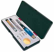 The kit contains most commonly used torch fittings, and includes: Conventional solder tip 1mm Heat blowing tip Hot knife tip Blow torch The unit is packed in a stout plastic box, with a roll of