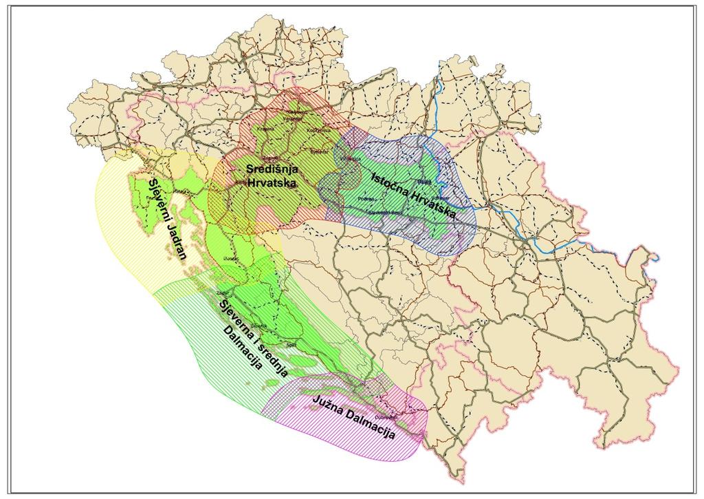 Prikaz 1 Zone za funkcionalnu regionalnu analizu 2.1.1. Središnja Hrvatska 2.1.1.1. Opis funkcionalne regije S obzirom na svoj geografski položaj, Središnja Hrvatska ima istaknutu ulogu u prometnoj mreži Republike Hrvatske i srednjoistočne Europe.