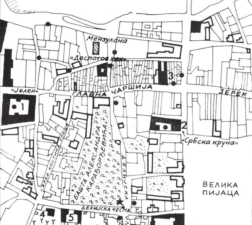 Sarraf Kostina Street (a mаp drawn by Žеlјkо Škаlаmеrа based on the blueprints of Еmiliјаn Јоsimоvić: Nikоlе Spаsića Street does not exist on the map, Dеliјskа Street is today's Knеz Мihајlоvа