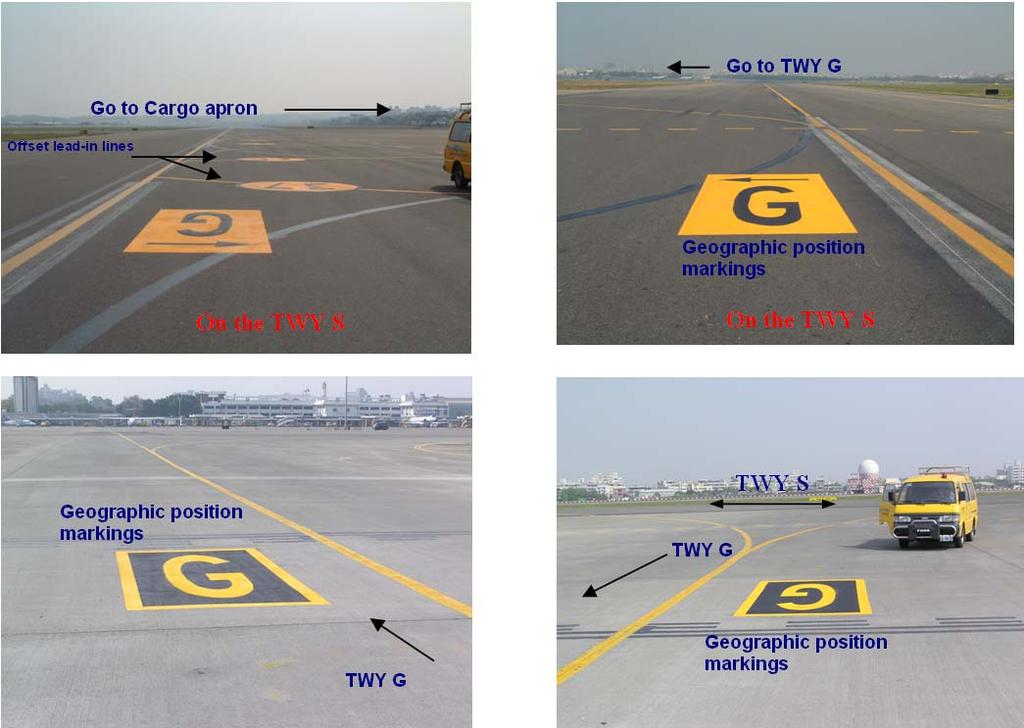 1. Existing nose-wheel-lead-in lines were replaced with offset nose-wheel lead-in lines. This offset marking pattern was designed to significantly separate two operation areas (e.g. cargo apron and intersection of TWY S and G) so that the taxiway centerline markings to Taxiway G and offset lead-in lines to cargo apron are well-defined.