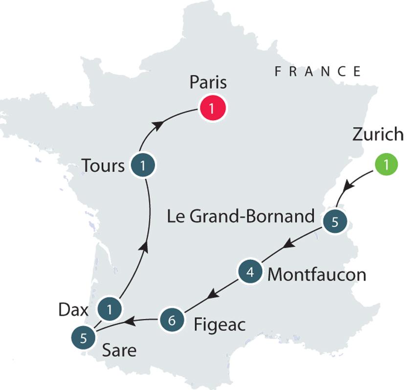 group tour commences in Switzerland, Zurich and crossing into France.