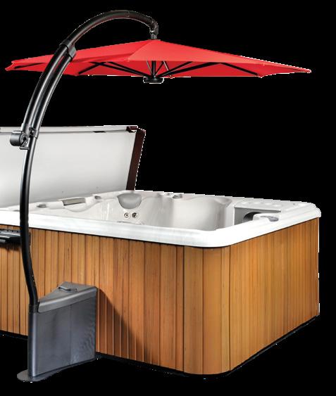 pole Swivels toward and away from the spa Easy tilting and 360 º rotation Sunbrella canopy is easily removed for cleaning Quickly mounts on almost any spa Custom designed for hot tub use and opens