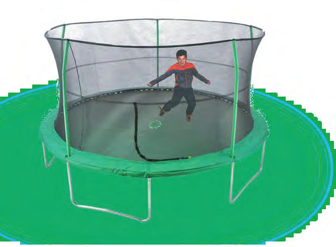 TRAMPOLINES Trampoline Features: - 96 pcs of 7 galvanized steel springs with patented over and under equalization spring system for additional bounce. - Easy to assemble top rail system.