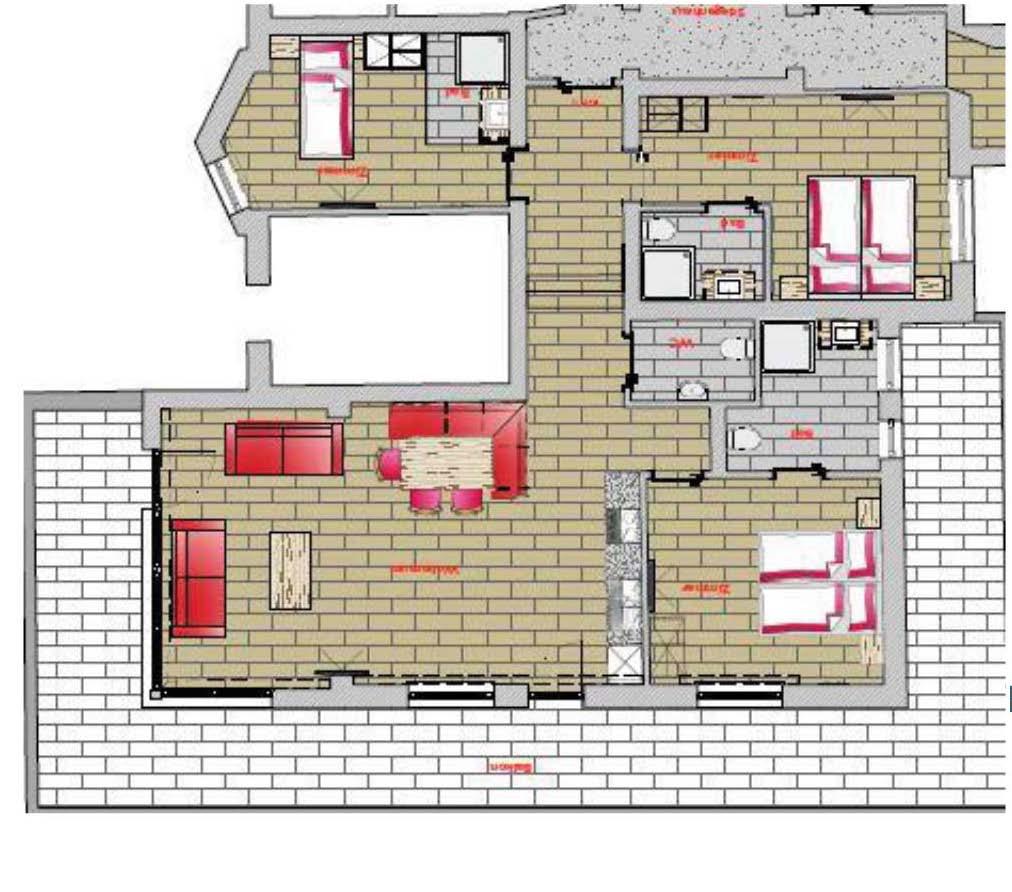 The Floor Plans T: +44 (0)20 7935 5132 Apartment 7 Large 3-bedroom apartment Stunning open-plan living area Beautiful mountain views Two king size double bedrooms One single bedroom