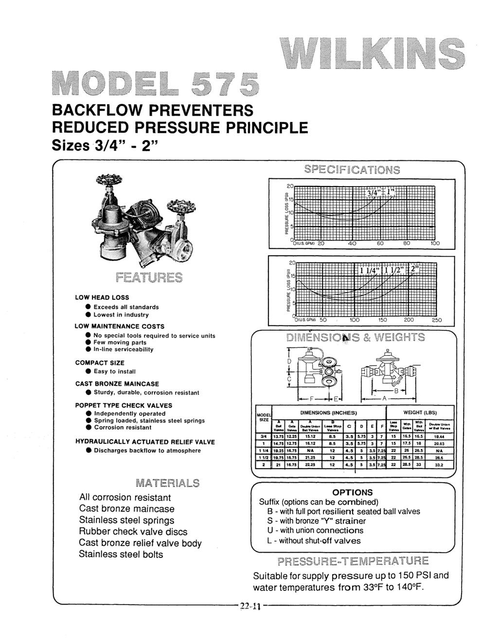 BACKFLOW PREVENTERS REDUCED PRESSURE PRINCIPLE Sizes 3/4-2" LOW HEAD LOSS Exceeds all standards Lowest in industry LOW MAINTENANCE COSTS No special tools required to service units Few moving parts
