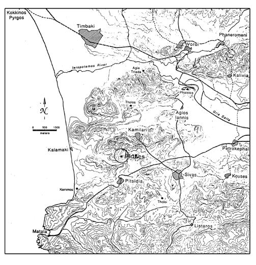 Fig. 1. Map of the western Mesara, showing the location of the Minoan Villa of Pitsidia (Plakes) within the Great Minoan Triangle of Phaistos, Hagia Triada and Kommos. Fig. 2. The Villa of Pitsidia.