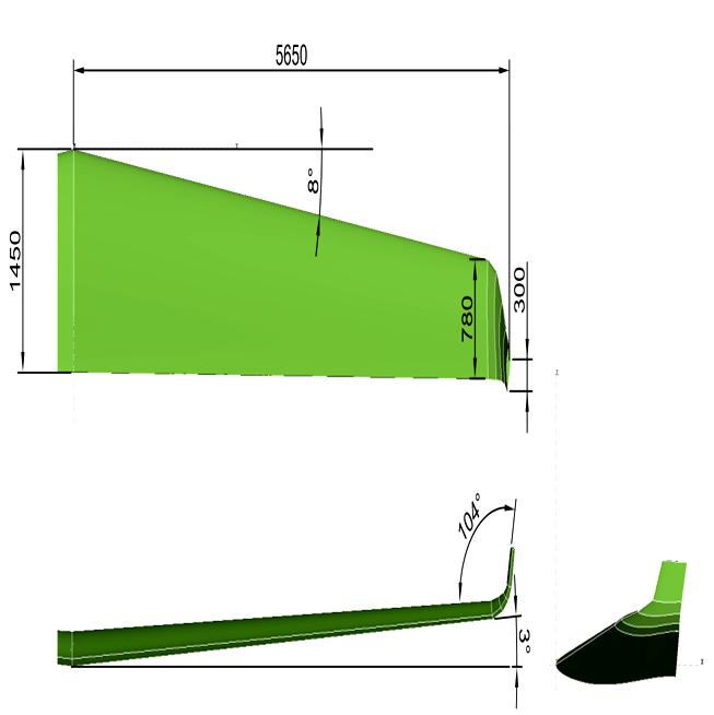 Nacrt odabranog krila je prikazan na slici 7.5.4. Prikazana je polovica krila. Slika 7.5.4: Nacrt odabranog krila Raspon krila (b) 11.3 m Kut dihedrala 3 Kut strijele (Λ) 8 Površina krila (S) 12.