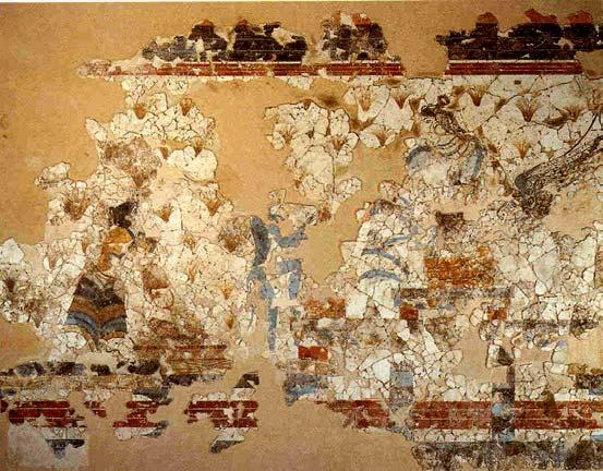 Amazingly enough, the settlement at Akrotiri on the island of Thera has been extensively excavated and a large number of frescoes recovered the earliest Minoan examples we have.