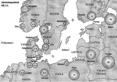 72 (152) Figure 45. The largest oil refineries in the Baltic Sea region (Lausala & Varjonen, 2001). In 1997 approximately 77 million tons was transported in the Baltic with 7 168 shipments.