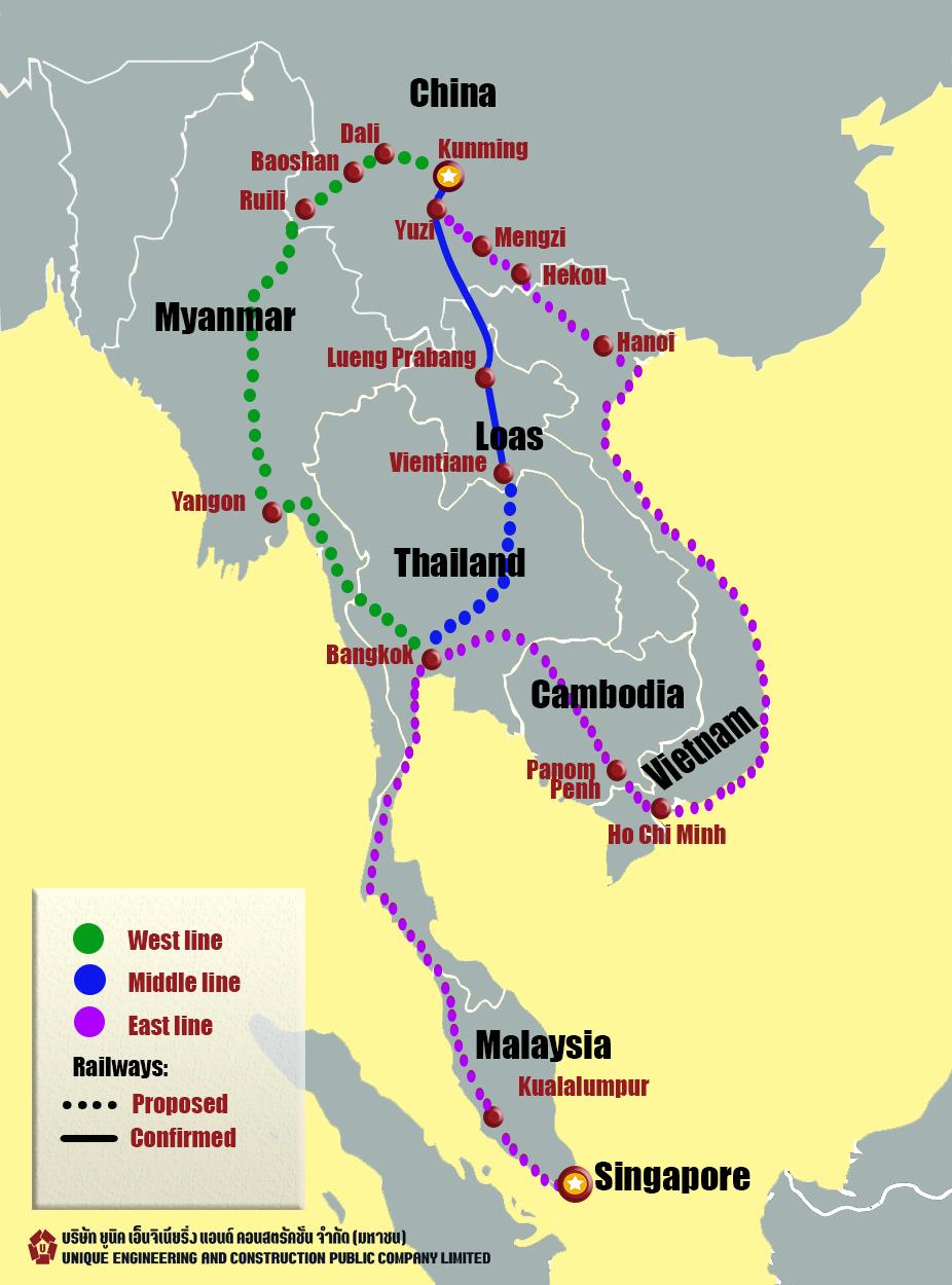 Pan Asian Railway Network Linking Kunming to Singapore Eastern Route 5,500 kilometers Via Hanoi, Ho Chi Minh, Panom Penh Central Route 4,500 kilometers Via Vientiane, Nong Khai Western