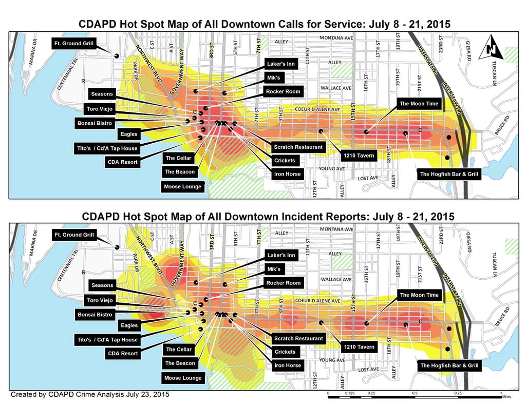 Coeur d Alene Police Crime Analysis Downtown Activity / Crime Report: July 8-21, 2015 The types of information used to create this report include calls for service, crime reports and field interviews.