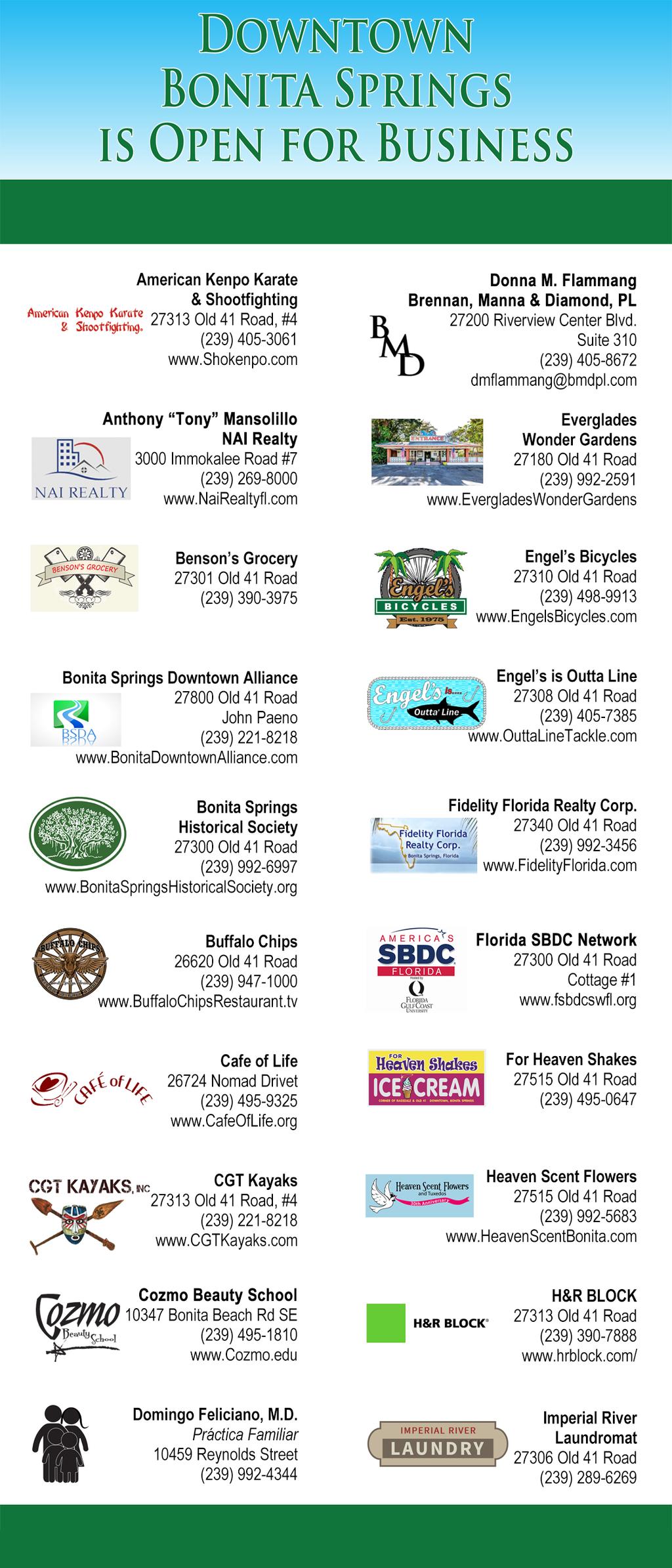 Thank you to all businesses that helped sponsor the Downtown Bonita Springs Brochure!