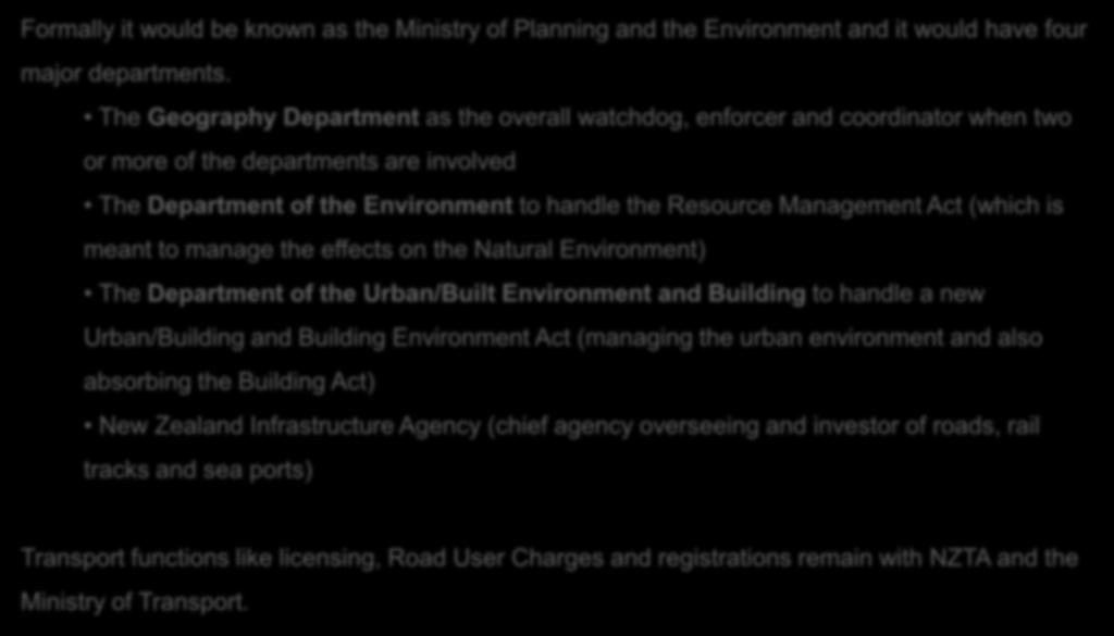 Planning Ministry Formally it would be known as the Ministry of Planning and the Environment and it would have four major departments.