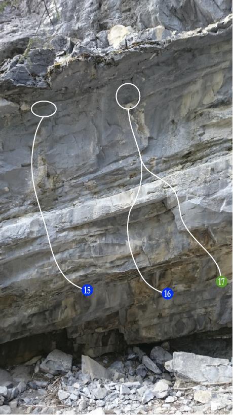 (Marc Eveleigh (both), 2015) O North Northwest Traverse V4? Traverse the entire length of the middle ledge. Start as far left as possible and mantle near Well Rounded.