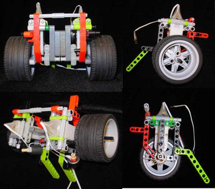 The wheel assemblies attach together at the bottom of the robot. See Figure 2 for design concepts. The gears are attached to the white motors and enclosed in a housing.