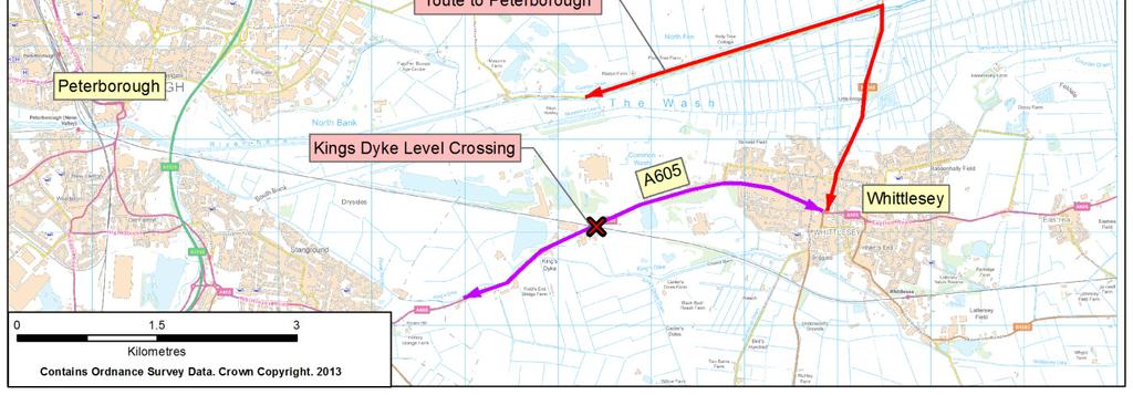 Figure 1-1 shows the location of the King s Dyke Level Crossing, and the importance of the connectivity of the A605 between Whittlesey and Peterborough, and the alternative route via North Bank.