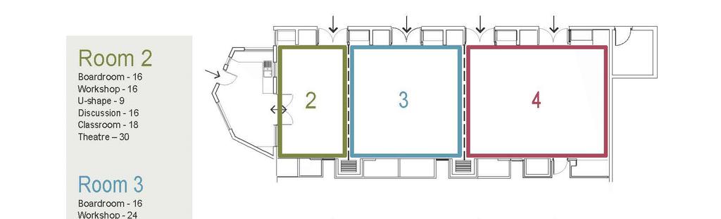 Room capacity guidelines for the Van Raay meeting rooms Operable walls between Rooms 2 &3 and between