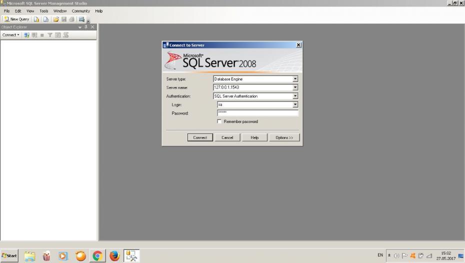 Стартување на Microsoft SQL SERVER Management Studio Најава како администратор (admin корисник е креиран за време на инсталацијата на SSMS) Само што ќе се стартува Microsoft SQL Server Management