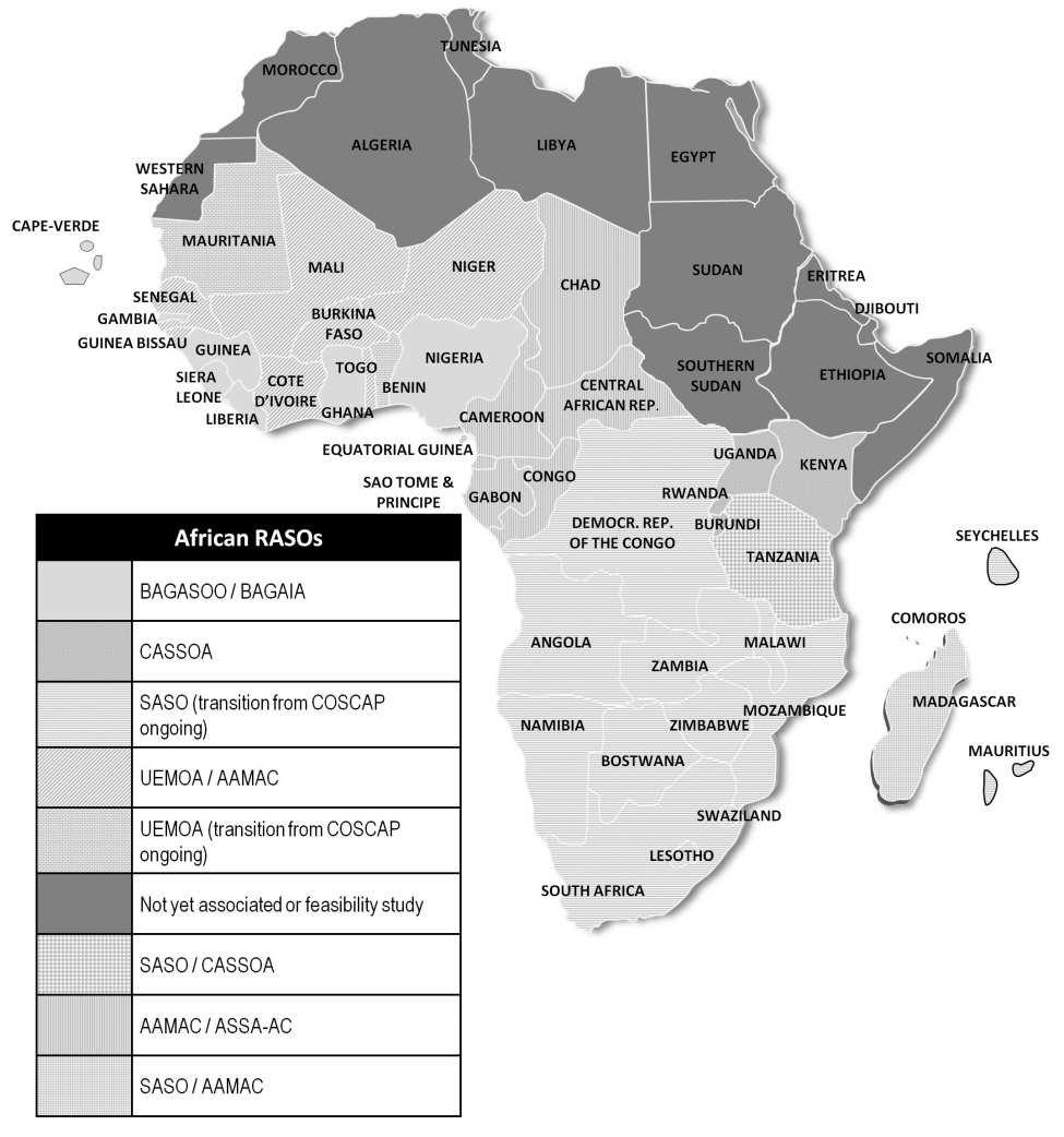 Figure X: Existing and planned RASOs in Africa (2014) In addition some of the African States have also delegated regulatory competences to Regional Economic Communities (RECs), which may regulate