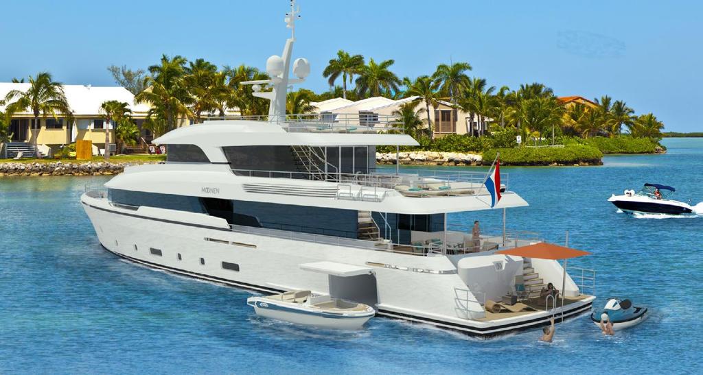 The Moonen Martinique is a twin-screw, three-deck fast displacement motor yacht with a large lounge area and wheelhouse at the bridge deck.