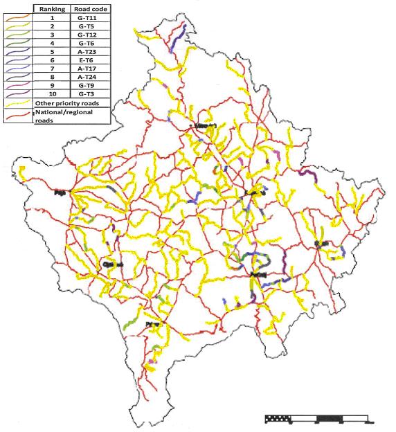 Figure 5.4: Alternative 1, Maps with location of 10 highest ranked road types with intervention Total cost of road interventions are 232 million euro for Alternative 1.