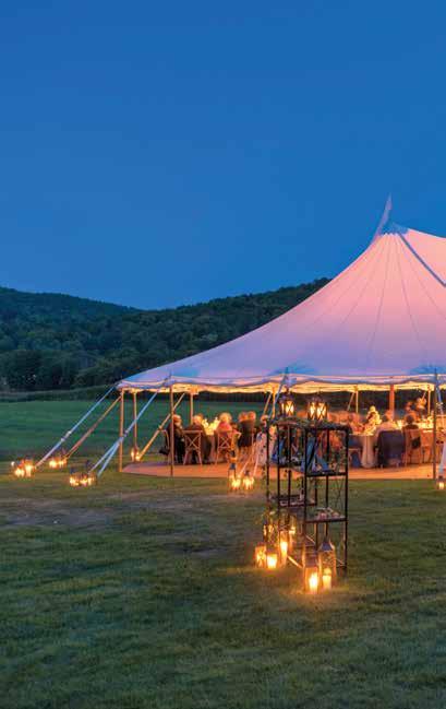 Above and center: Tablescape for a 2016 Billings Farm wedding; seen at night, a sailcloth tent with full wood floor.