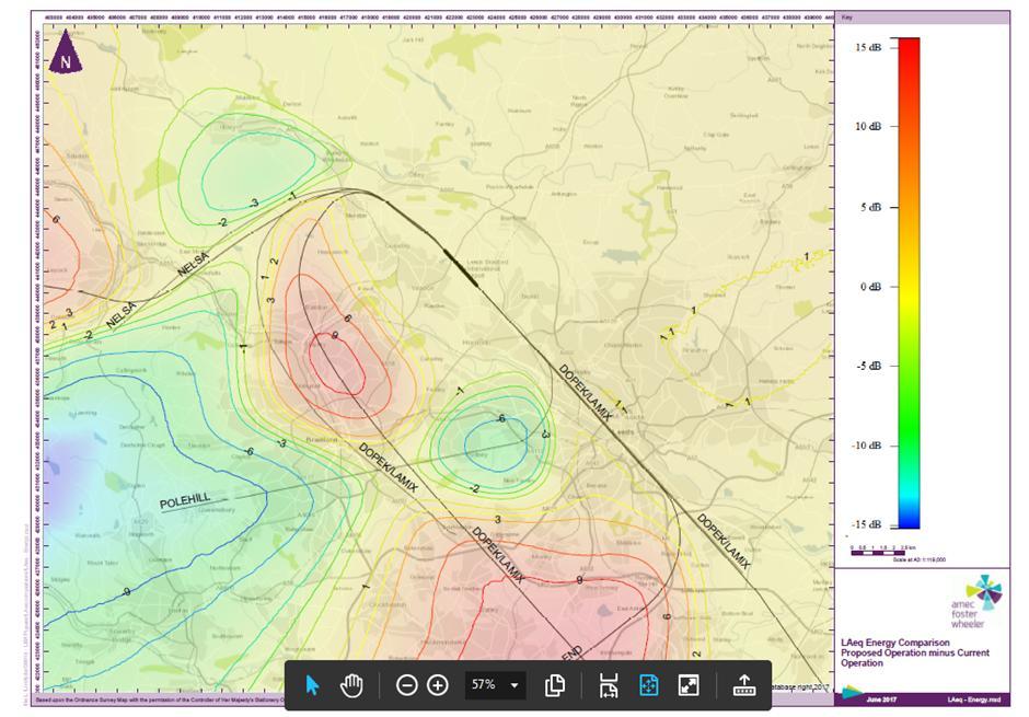 Figure 16 LA eq Energy Comparison It can be seen from Figure 16 that as a result of concentrating aircraft along flight paths there is an increase in noise levels along the centre of the flight paths.