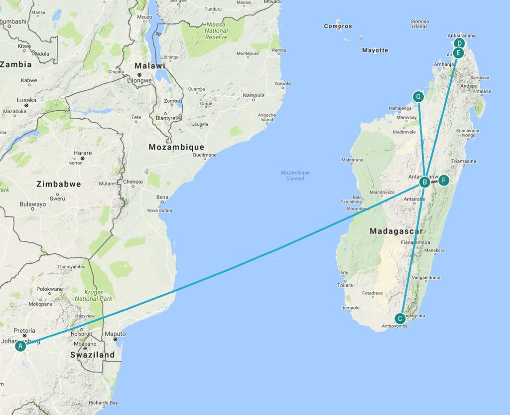 Expedition Map Madagascar A Johannesburg B Antananarivo C Berenty Reserve D Antisiranana /