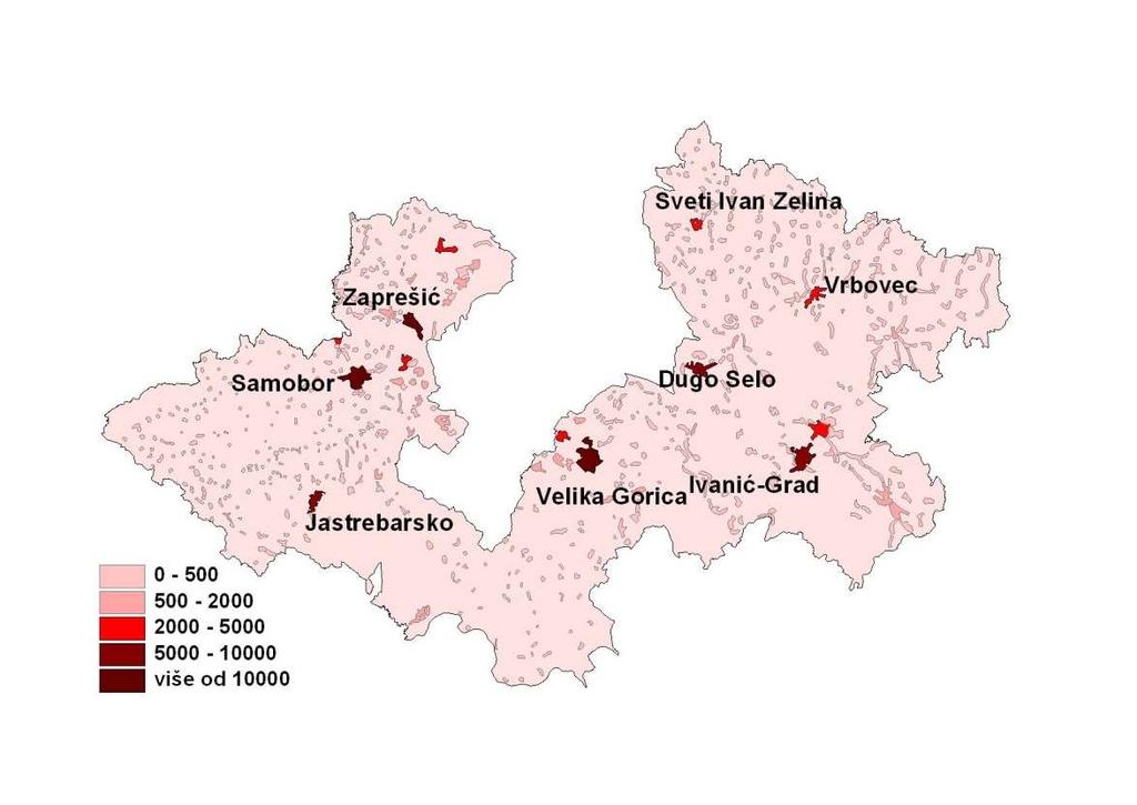 Stanovništvo je raspoređeno prostorno nehomogeno. Broj stanovnika i gustoća naseljenosti smanjuju se s udaljenosti od Zagreba. Gustoća je veća (181 st./km 2, odnosno 182.014 st. na 1004 km 2 ) u tzv.