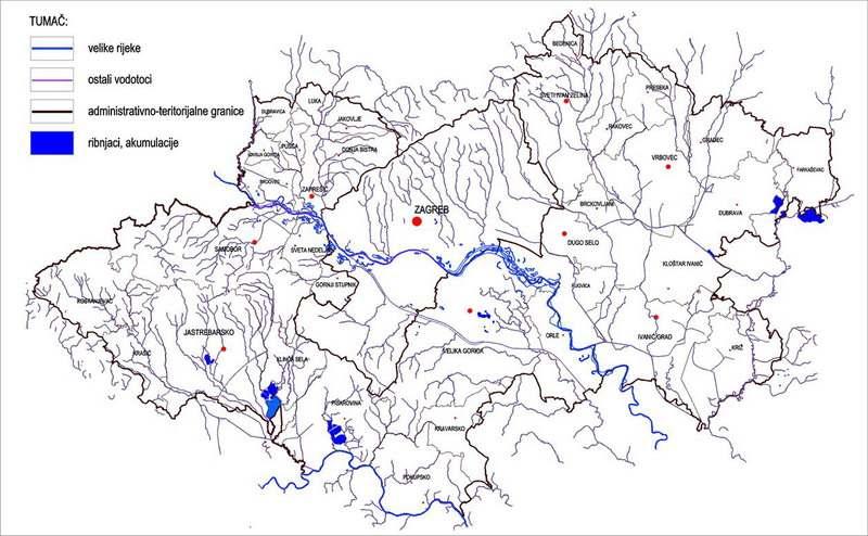 Prostor Županije (Slika 9) u cijelosti pripada vodnom slivu rijeke Save, koja je na području ZŽ nizinska rijeka izrazito varijabilnog vodostaja (nizak vodostaj ljeti, visok vodostaj i sezonske bujice