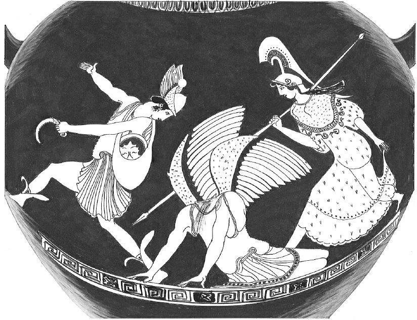Fig. 135. Perseus, followed by Athena, escapes after beheading the Gorgon Medusa. He carefully averts his eyes from his victim's face, partially concealed in his bag, lest she turn him to stone.