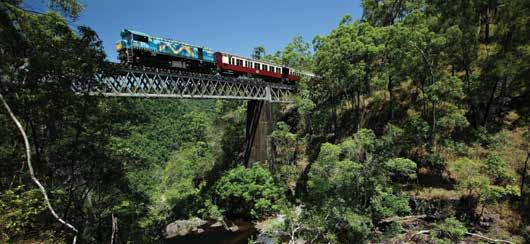 Kuranda Scenic Railway Highlights Travel in historic rail carriages hauled by a dedicated 1720 class locomotive adorned in Buda-dji colours, portraying the Aboriginal legend of the Buda-dji Carpet