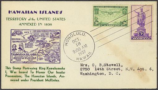 An October 18, 1937 First Day Cover for the Hawaii Territory stamp, Sc.
