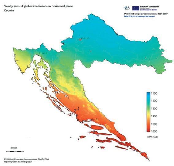 Slika 7. Prikaz ukupnog godišnjeg sunčeva zračenja u Hrvatskoj (izvor: www.g4g.com.