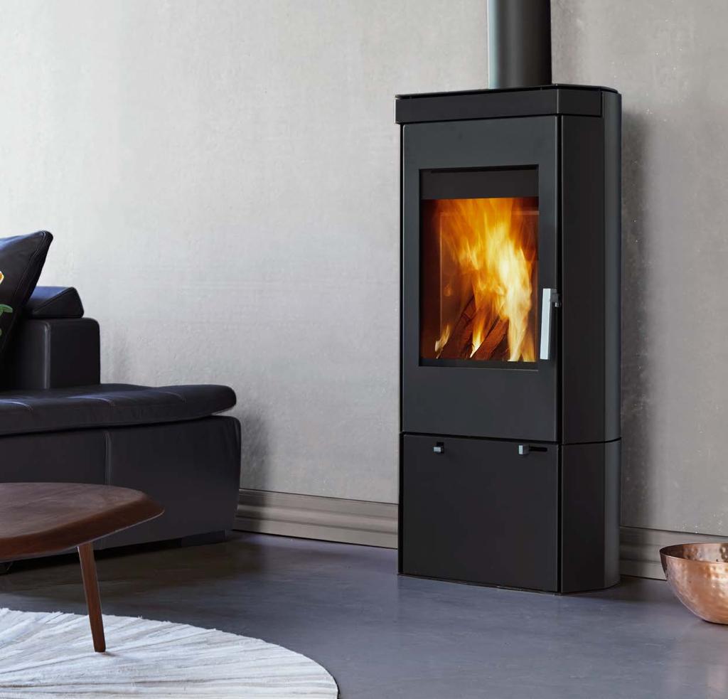A well-designed wood-burning stove with a large glass pane and sharp, elegant lines.