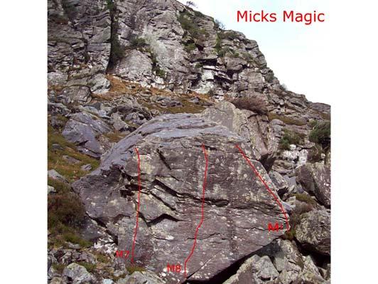Micks Magic M7: 5 M8: Micks Magic, 6c, use underclings & poor footholds reach/slap for the slopey edge.