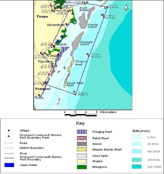 Figure. 1. The coastal map of Tanga showing the location and important features of TACMP.