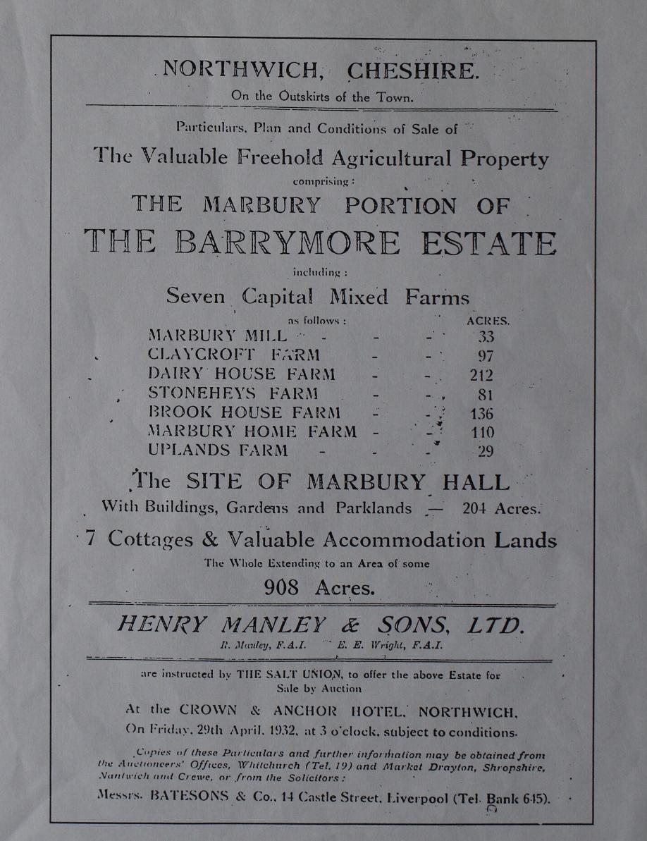 Robert Raymond Smith Barry (1886-1949), was the last of the family to own the Marbury estate, which he inherited on 22 February 1925, following the death of his uncle, Arthur Hugh Smith Barry.