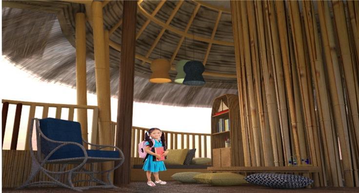 Neutral colors from the material Rough surfaces due to finishing of natural stone and sand blast Ceiling Form In the 1st kid's area, using a flexible ceiling which the shape following the the room
