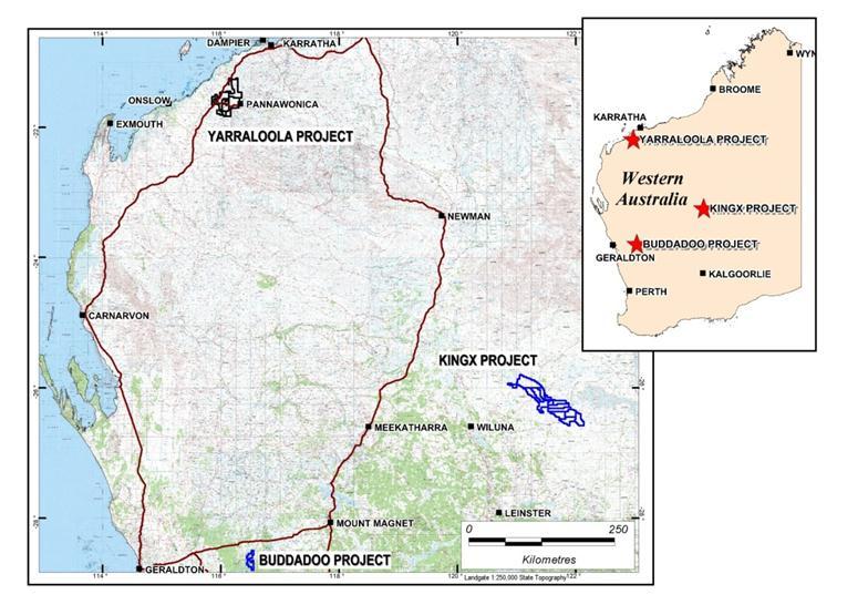 OTHER PROJECTS In addition to the Yarraloola Project, Coziron is exploring for manganese on the KingX (859km 2 granted and 2127km 2 under application) and titaniferous and vanadiferous magnetite on