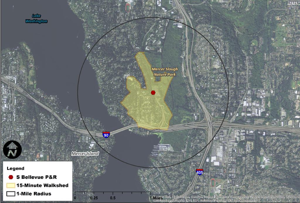 I-90 to the south is a significant barrier and there are currently no bicycle facilities on Bellevue Way. Figure 7 shows a 15-minute walkshed from the outh Bellevue Park and Ride.