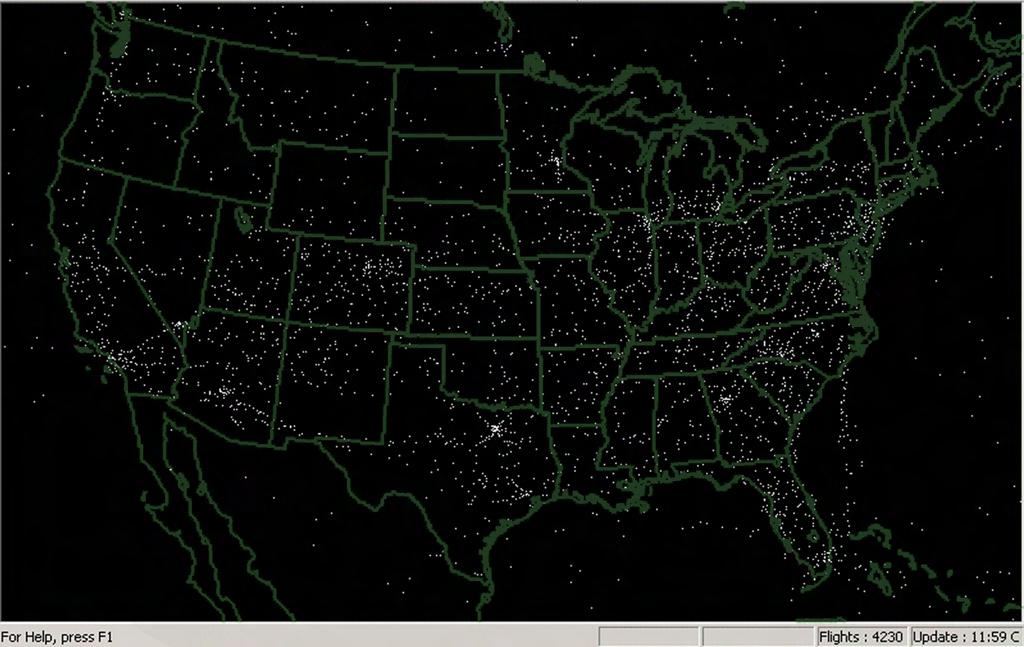 Figure 2 All commercial aviation for the 48 US states and southern Canada at 11:59 AM Central time on a weekday. At this moment, 4230 commercial flights are being tracked by air traffic control.