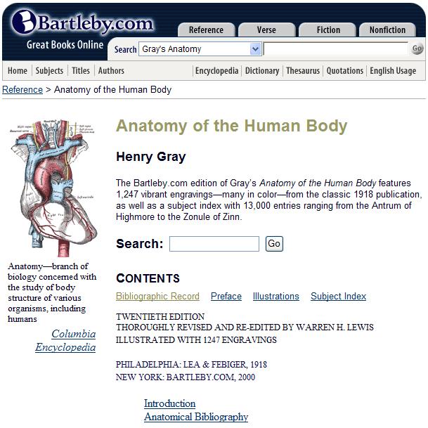 Obrazovni materijal na Internetu Anatomija ljudskog tela http://www.bartleby.com/107/ On line izdanje popularne knjige "Anatomy of the human body", autora Henry Gray.
