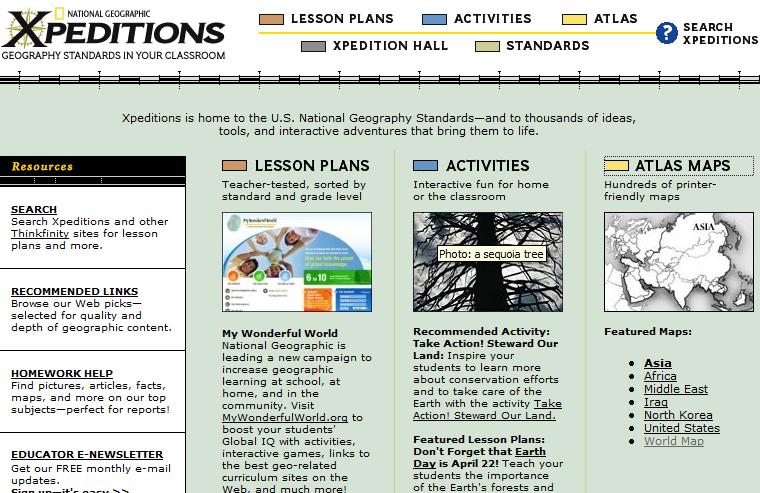 nationalgeographic.com/xpeditions/ Na ovom sajtu Nacionalne geografije, profesori mogu naći na stotine mapa pripremljenih za štampanje (Atlas Maps sekcija), na osnovu kojih mogu pripremati lekcije.