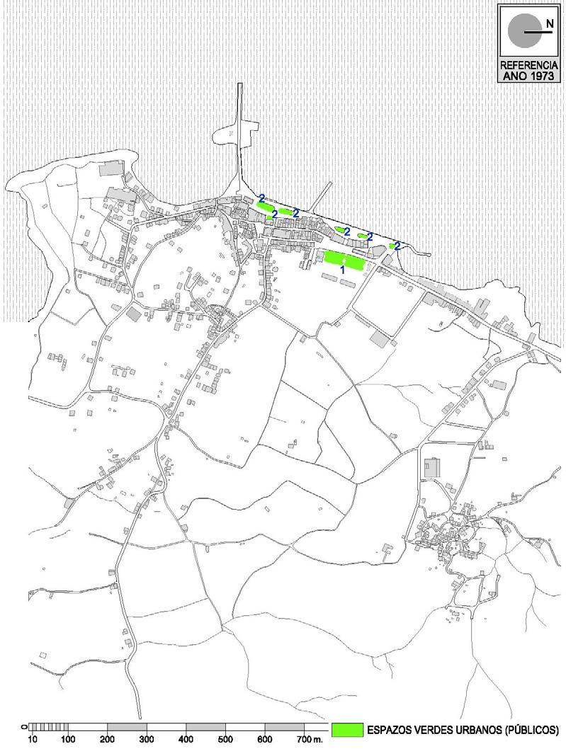 A transformación de Rianxo na 2ª metade do século XX (1956-2012) Rianxo en 1973. Imaxe 149: Plano onde se dispoñen as zonas verdes existentes no ano 1973.