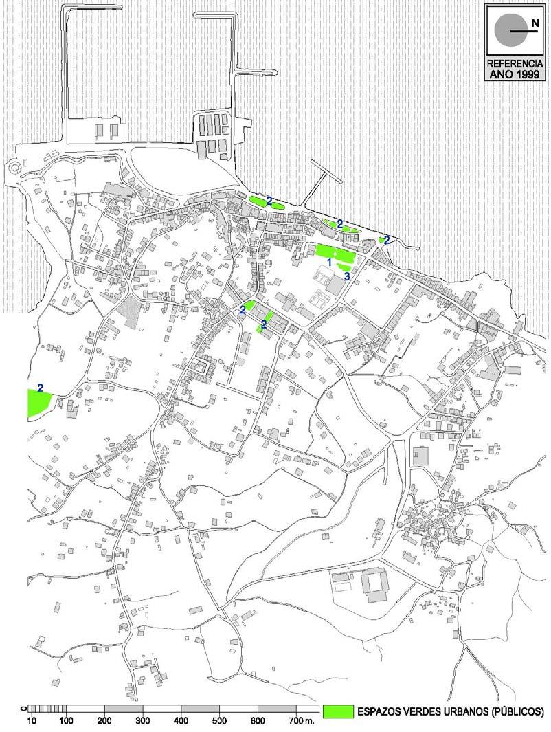 A transformación de Rianxo na 2ª metade do século XX (1956-2012) Rianxo en 1999. Imaxe 151: Plano onde se dispoñen as zonas verdes existentes no ano 1999.